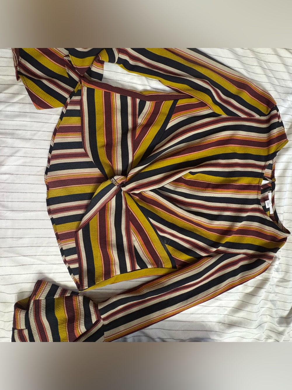 Striped Twist-Front Long Sleeve Blouse in Mustard & Burgundy